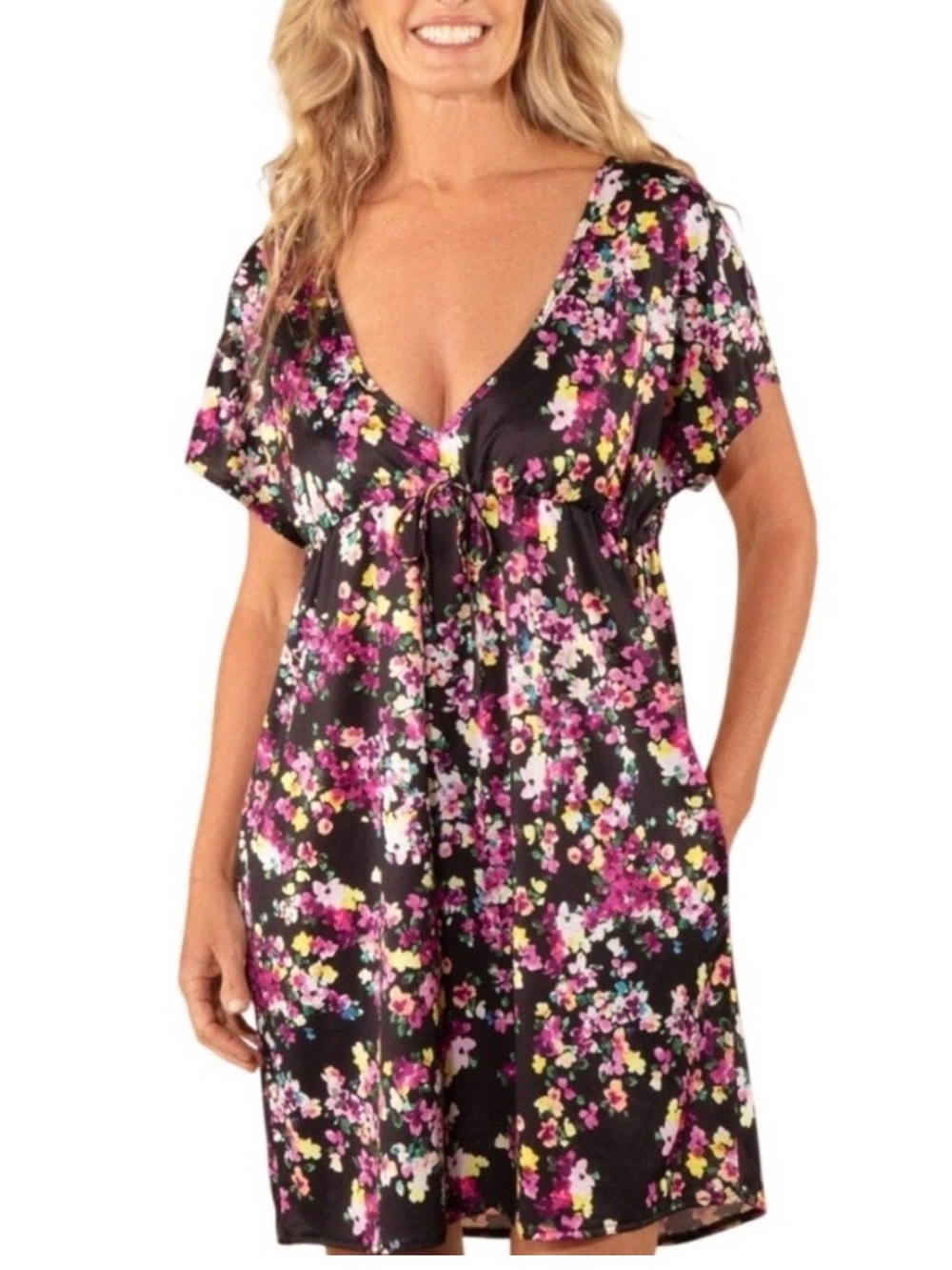 Lands' End Black Floral Swim Coverup with Pink, Yellow & White Accents